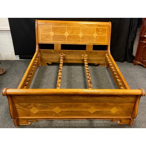 161 - An exotic hardwood Sleigh bed, decorative specimen stone inlay, Super King size, 180cm x 200cm.