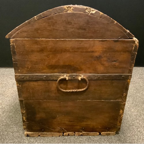 163 - An early 18th century Scandinavian oak domed top trunk, iron straps, the interior with candlebox, 12... 