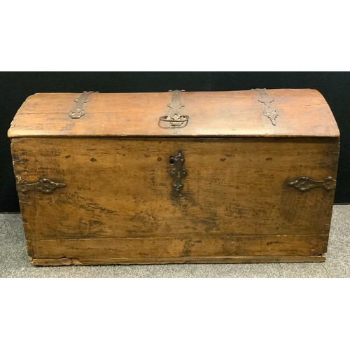 163 - An early 18th century Scandinavian oak domed top trunk, iron straps, the interior with candlebox, 12... 