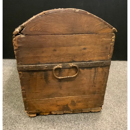 163 - An early 18th century Scandinavian oak domed top trunk, iron straps, the interior with candlebox, 12... 