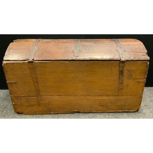 163 - An early 18th century Scandinavian oak domed top trunk, iron straps, the interior with candlebox, 12... 