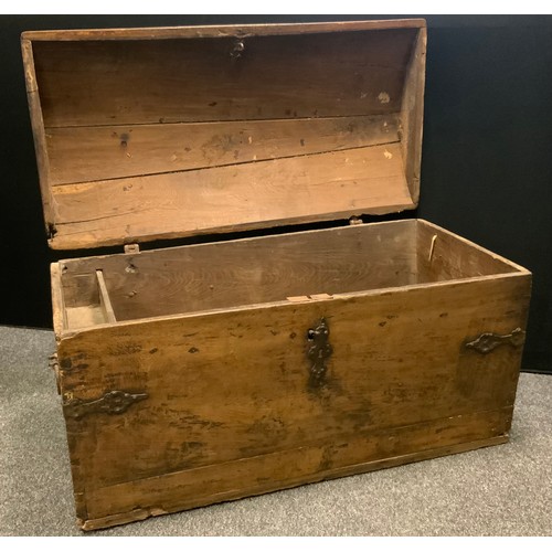 163 - An early 18th century Scandinavian oak domed top trunk, iron straps, the interior with candlebox, 12... 