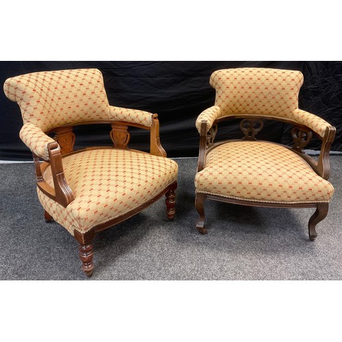 167 - A Victorian walnut tub chair, upholstered back, arms, and seat, carved splats, turned legs, ceramic ... 