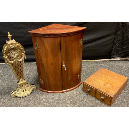 169 - An early 20th century oak two drawer desk top filing cabinet;  a small mahogany bow front corner cup... 