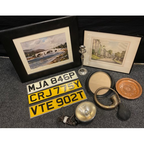 174 - Boxes & Objects - automobilia, number plates, Lucas Spotlight, horn;  etc, R Herdman-Smith, Stoney M... 