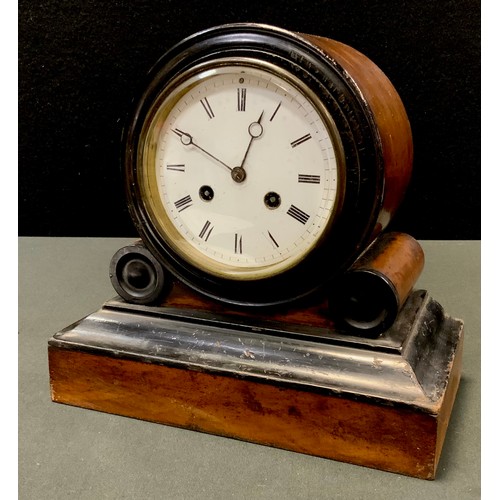 175 - A Victorian ebonised and walnut mantel clock, Roman numerals, twin winding holes, 24cm high, c.1870