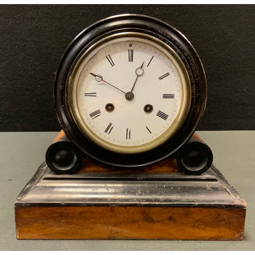 175 - A Victorian ebonised and walnut mantel clock, Roman numerals, twin winding holes, 24cm high, c.1870