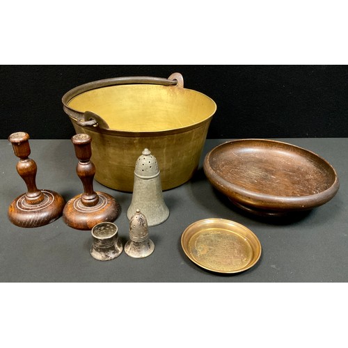 205 - A brass jam pan;  an oak pedestal comport;  two oak candlesticks;  pewter;  etc