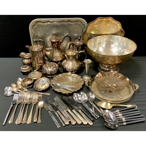 209 - A silver plated punch bowl;  four piece tea set;  hot water jugs, salver, flatware etc