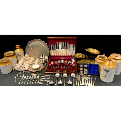 220 - A Victorian brass saucepan; a set of six silver plated napkin rings; silver plated salvers; weighing... 