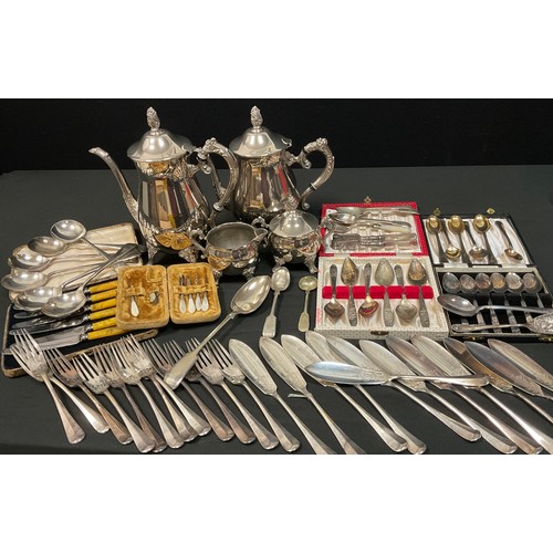 229 - A silver plated four piece tea set;  flatware , part canteen etc