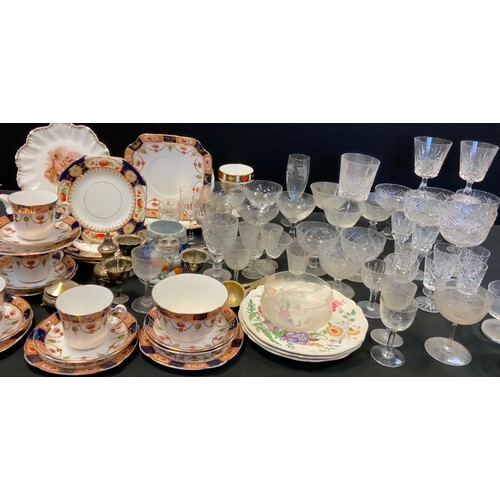 232 - Ceramics & Glass - Wedgwood plates;  Royal Crown Derby goblet;  part tea set, six glass champagne co... 