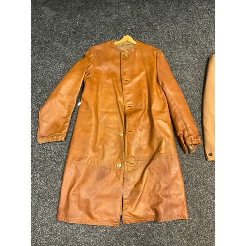 240 - Vintage Fashions - a Ledux tan leather 3/4 length coat, plain collar, five button front;  three piec... 