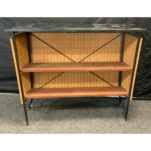 243 - A retro wicker and teak bar, black top, wicker front, two shelf interior, tubular metal frame, 104cm... 