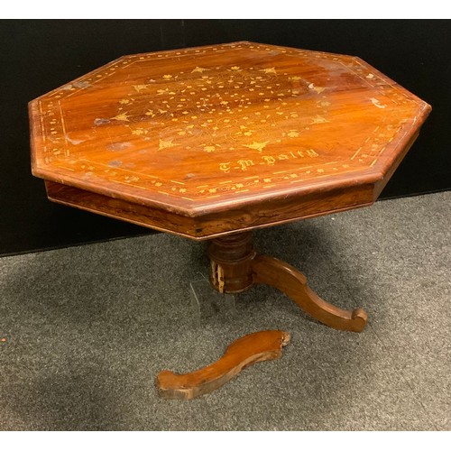 246 - An early 20th century Anglo-Indian brass inlaid hardwood octagonal centre table, floral motif, turne... 