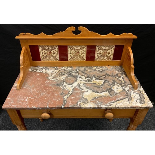 265 - A Victorian pine wash stand, three quarter galleried back with Minton’s type aesthetic movement tile... 