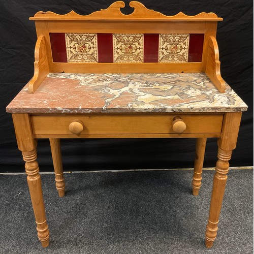 265 - A Victorian pine wash stand, three quarter galleried back with Minton’s type aesthetic movement tile... 