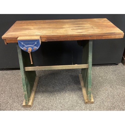 237 - A pine topped metal work bench, with Record V175 vice to one end, 83cm high, 110cm long, 51.5cm deep... 