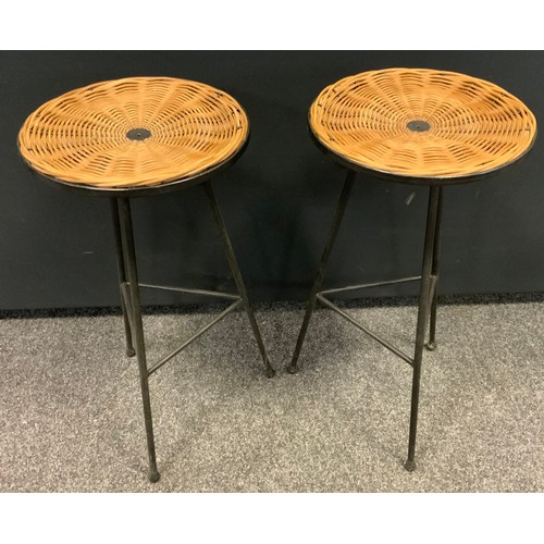 288 - A pair of wicker topped tall bar stools, tri-form metal legs, 72cm high, 35.5cm diameter;  a bamboo ... 