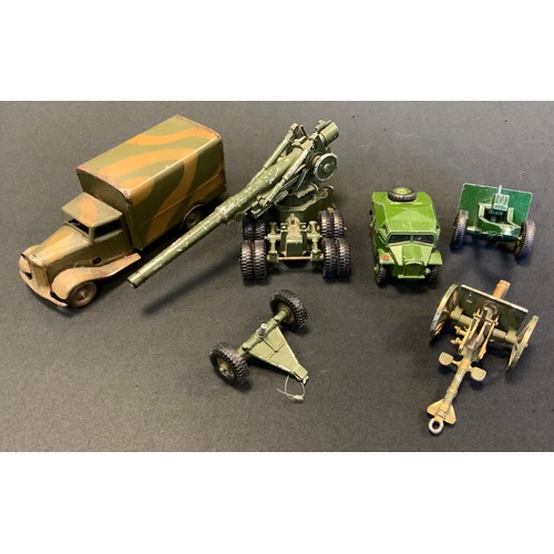 323 - A Tri-ang Minic clockwork Military vehicle, painted in camouflage colours, with key;  Crescent Toys ... 