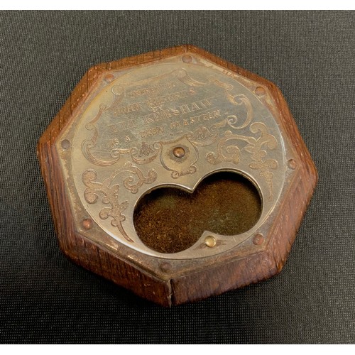 352 - ***Collecting***A 19th century oak Tam O'shanter snuff box, the octagonal body with silver plated re... 