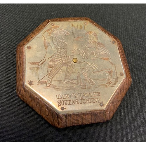 352 - ***Collecting***A 19th century oak Tam O'shanter snuff box, the octagonal body with silver plated re... 