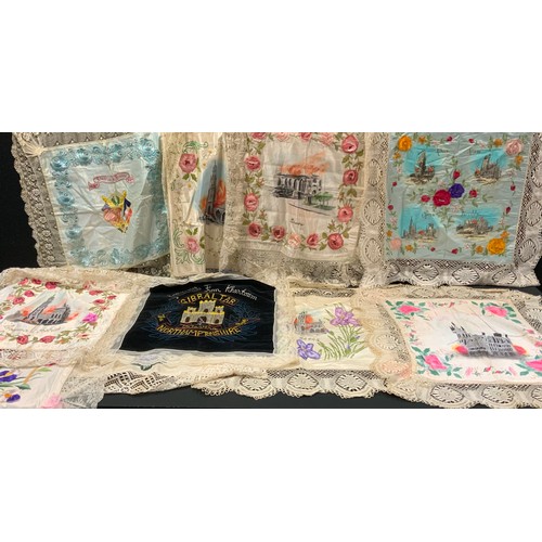 129A - Military World War I interest - souvenirs of France lace edged embroidered and painted panels, with ... 