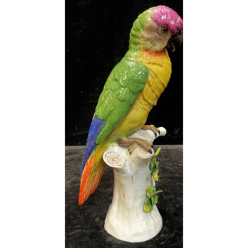 29 - A Ludwigsburg porcelain model of a parrot, naturalistically modelled perched on a branch, 30cm, crow... 