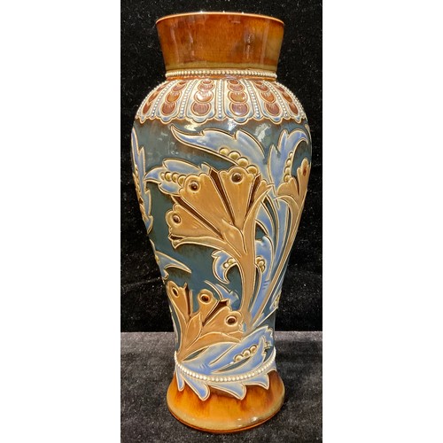 35 - A Doulton Lambeth salt glazed stoneware slender inverted baluster vase, decorated by Eliza Simmance,... 