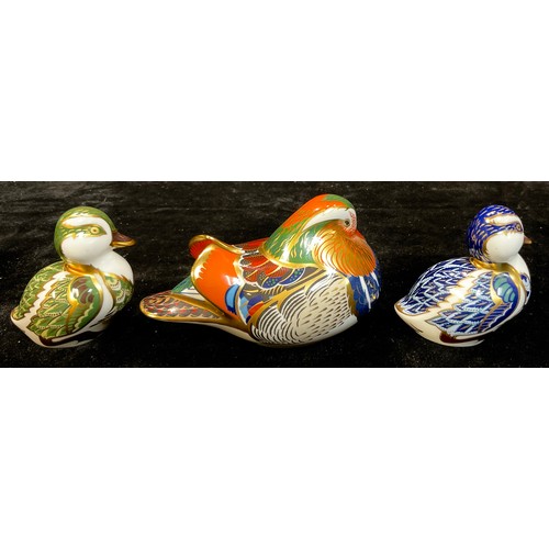 34 - A Royal Crown Derby paperweight, Mandarin Duck, gold stopper; two others, Derbyshire Duckling, gold ... 