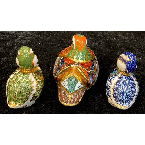 34 - A Royal Crown Derby paperweight, Mandarin Duck, gold stopper; two others, Derbyshire Duckling, gold ... 