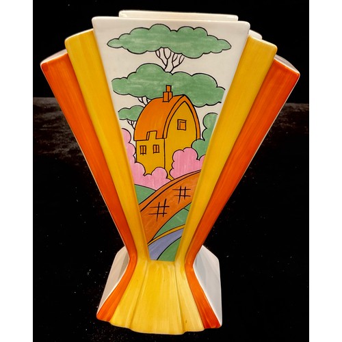 51 - A Wedgwood for Bradex Clarice Cliff reproduction fan shaped vase, Orange Roof Cottage pattern, limit... 