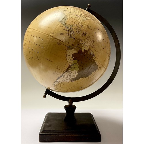 50 - A terrestrial globe, bronzed metal meridian ring, square base, 45cm high