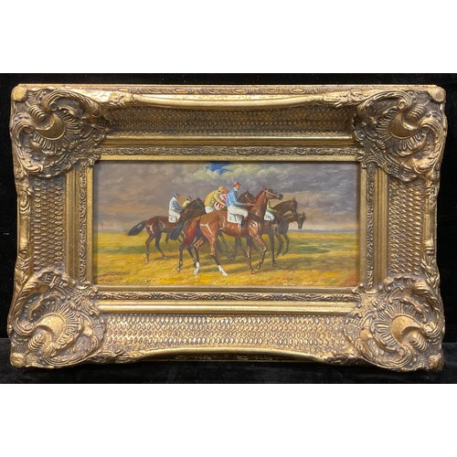 84 - Contemporary (late 20th century), Horse Racing - Before The Off, oil on board, 18.5cm x 38cm, heavy ... 