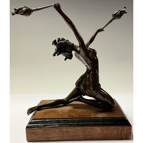 146 - An Art Deco style bronze, as a torch dancer, rectangular wooden base, 27cm high