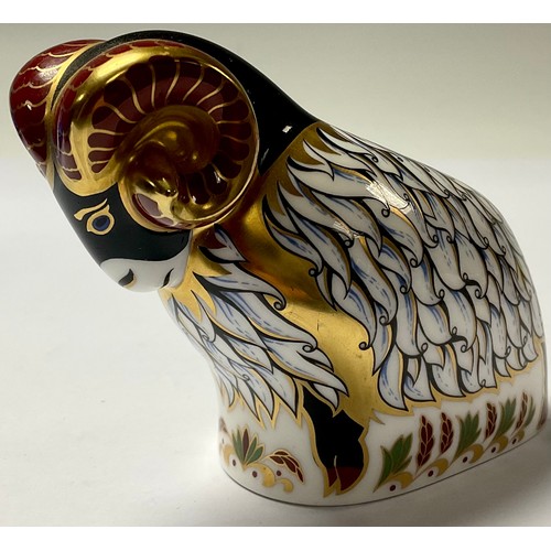 169 - A Royal Crown Derby paperweight, Derby Ram, Visitors Centre Exclusive, signed, gold stopper, boxed