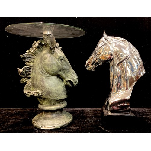 186 - Interior Decoration - a silvered composition sculpture, of a horses head, mounted on rectangular bas... 