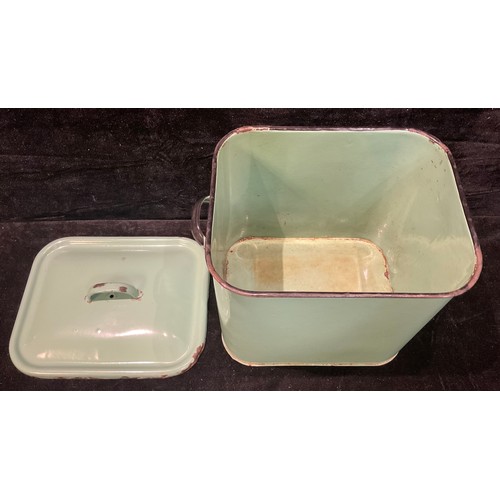 221 - A green enamel bread bin and cover, mid 20th century