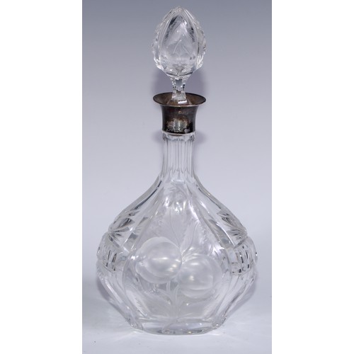 246 - A George V silver mounted decanter, cut and etched with ripe fruit, 31cm high, John Grinsell & Sons,... 