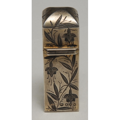 264 - A Victorian silver Aesthetic Movement silver square scent bottle, engraved in the Japanese taste wit... 