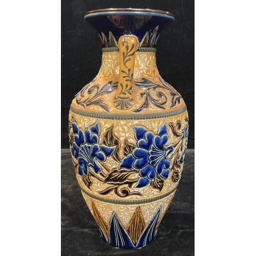 293 - A Doulton Lambeth salt glazed stoneware two handled ovoid amphora vase, decorated by Louisa J Davis,... 