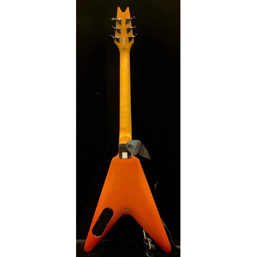 341 - A Dean Baby V Flying V shaped guitar, Dean pickups, orange satin finish, with strap and plectrum