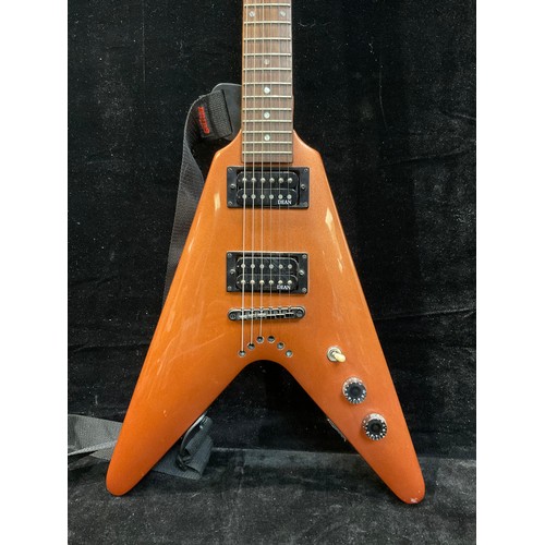 341 - A Dean Baby V Flying V shaped guitar, Dean pickups, orange satin finish, with strap and plectrum