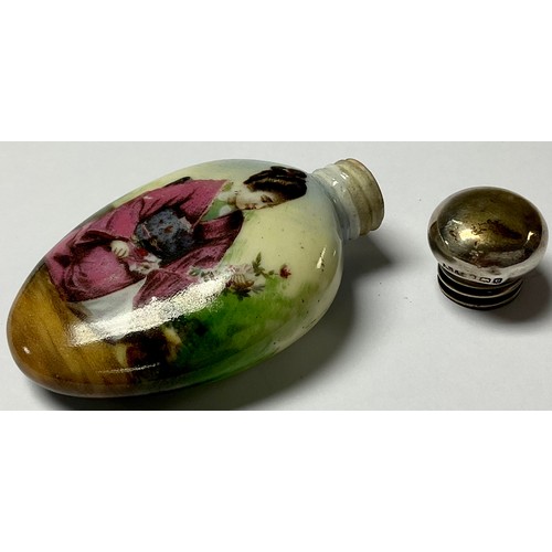 379 - A porcelain scent bottle, Geisha holding flowers, hallmarked silver top