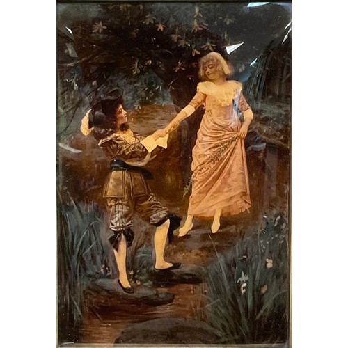 452 - A Victorian crystoleum, companions, 23cm high, 17cm wide; a pair of  printed on glass paintings (3)