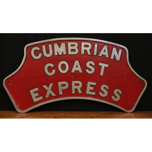 2450 - Railwayana - a post BR cast aluminium headboard, 'CUMBRIAN COAST EXPRESS', raised lettering on a red... 