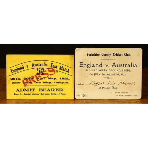 2453 - Sport, Cricket - a press ticket for the First Test Match, England v Australia, 28th, 30th and 31st M... 