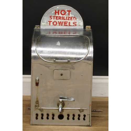 2394 - A mid 20th century chrome plated barber's shop hot towels dispenser, arched glass sign to top inscri... 