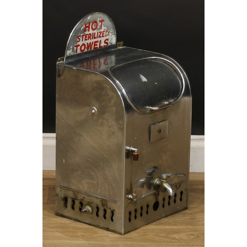 2394 - A mid 20th century chrome plated barber's shop hot towels dispenser, arched glass sign to top inscri... 