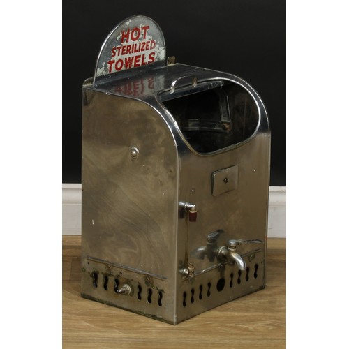 2394 - A mid 20th century chrome plated barber's shop hot towels dispenser, arched glass sign to top inscri... 